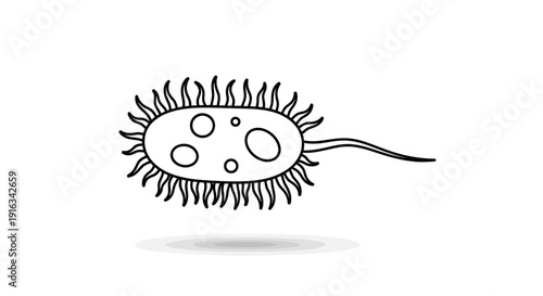 Hand-drawn illustration of a single bacterium with flagellum and cilia, isolated on white background.