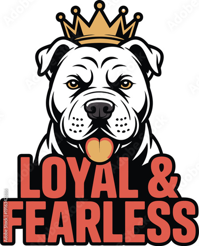 A cartoon bulldog wearing a crown with a fearless expression