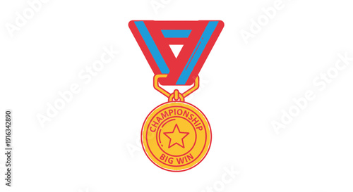 Gold Championship Medal with Red and Blue Ribbon - Symbol of Victory and Success