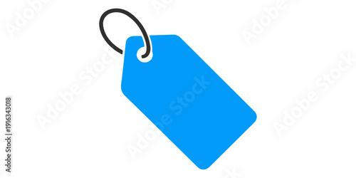 A blank blue cardboard price tag with a retail string and paper label hangs as an isolated symbol for a sale or gift discount in a shopping business