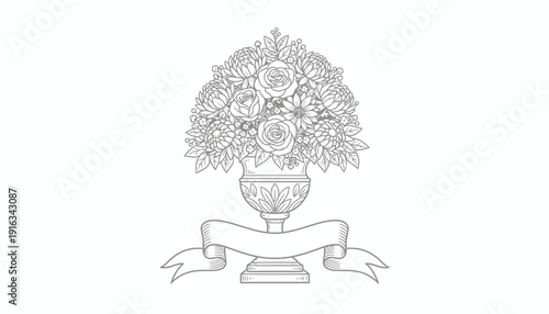 Elegant Floral Urn with Ribbon Outline Drawing - Vintage Wedding Decoration