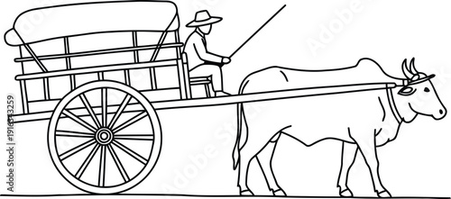 A man driving an ox drawn cart with a large wheel and wooden frame