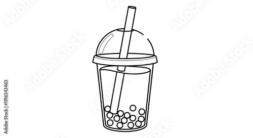 Bubble Tea Line Art Icon: Delicious Drink with Tapioca Pearls and Straw