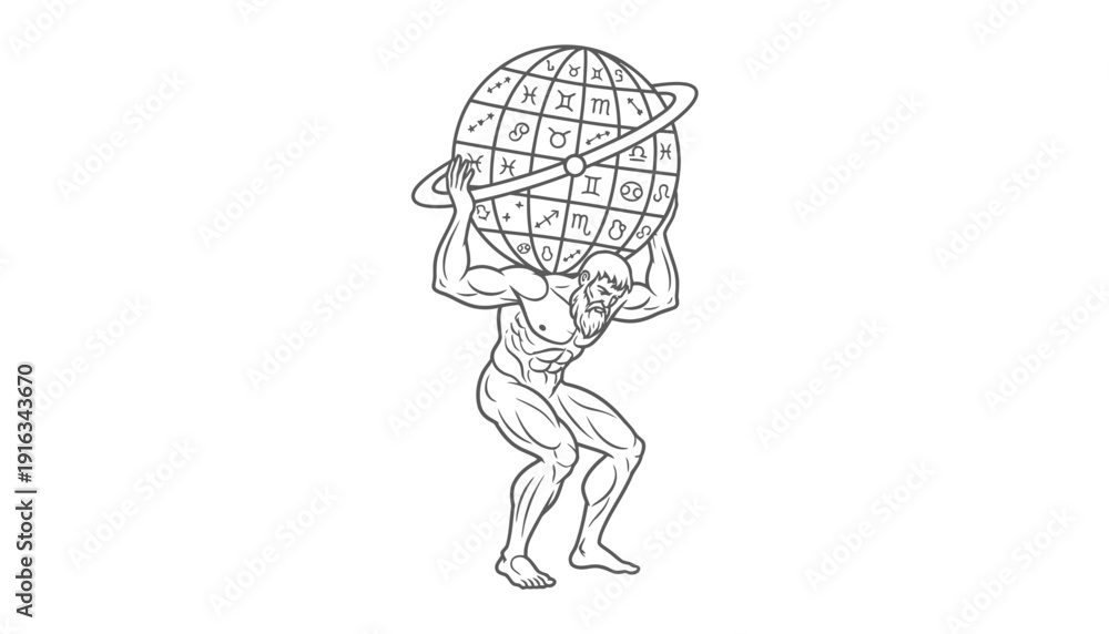 Obraz premium Atlas Holding Celestial Globe with Zodiac Signs, Mythological Figure