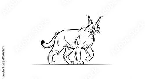 Caracal Wild Cat Line Drawing - Elegant Feline Predator Walking