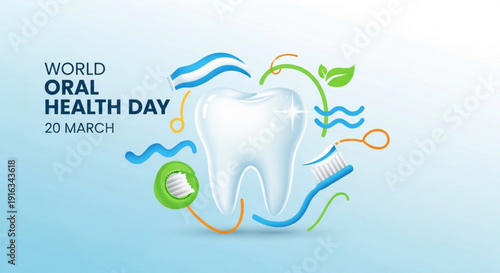 World oral health day illustration with tooth toothbrush toothpaste and green leaf on blue background