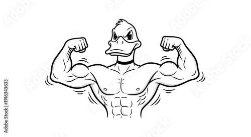 Cartoon Muscular Duck Flexing Biceps, Funny Strong Bird Character, Fitness Concept