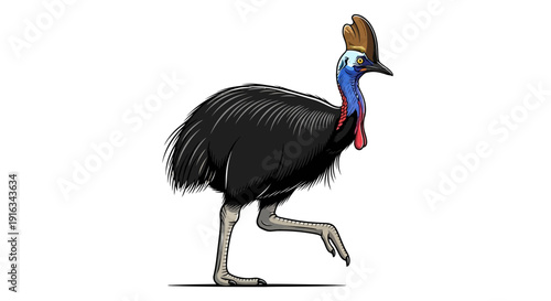 Cassowary Bird Walking Side View Illustration Isolated on White Background
