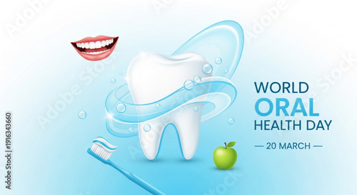 World oral health day illustration with tooth toothbrush apple and healthy smile