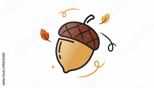 Autumn Acorn Illustration with Falling Leaves and Swirls - Cute Fall Season Icon