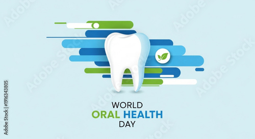 World oral health day illustration with tooth toothbrush and green checkmark on blue background