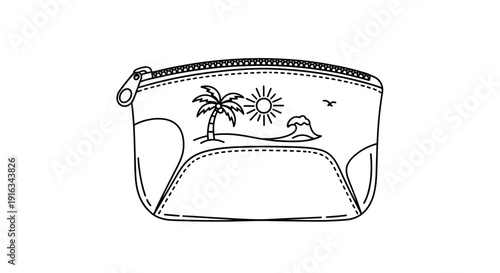 Beach Scene Cosmetic Bag Outline - Tropical Palm Tree, Sun, Wave, Bird
