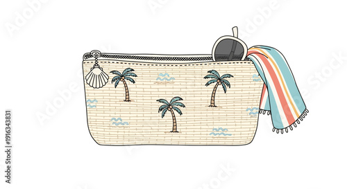 Beach Pouch with Palm Trees, Sunglasses, and Striped Towel - Summer Vacation Essentials