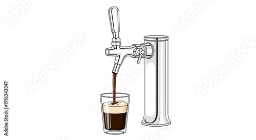 Beer tap pouring dark beer into glass, frothy head, close-up, isolated on white