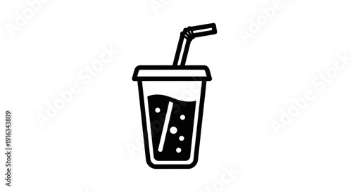 Black and white icon of a soda cup with straw and bubbles