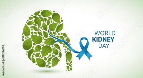 World kidney day awareness illustration with green kidney and blue ribbon on white background