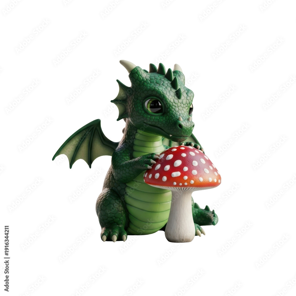 Fototapeta premium Cute green dragon with mushroom