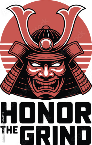 A samurai warrior logo with the phrase Honor the Grind
