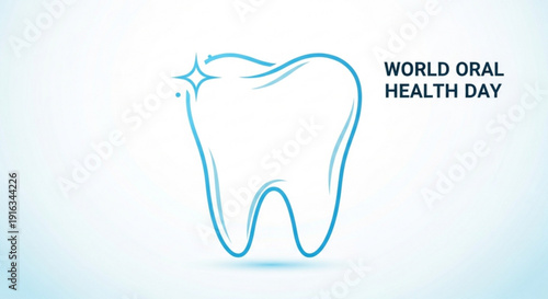 World oral health day illustration with a blue tooth icon and sparkling star on a white background