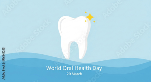 World oral health day illustration with white tooth and yellow sparkles on blue background