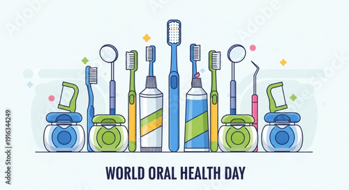 World oral health day illustration with colorful toothbrushes and toothpaste tubes on a white background