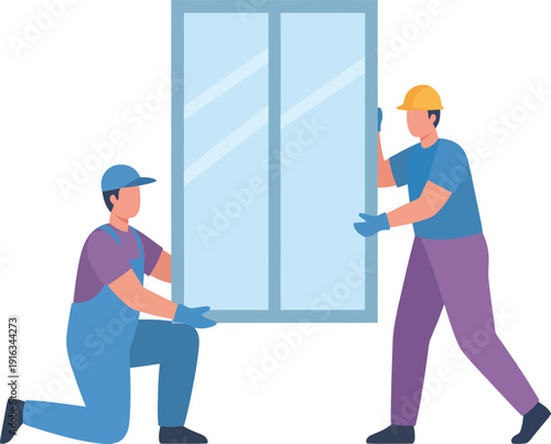 Construction workers installing large window pane on building site with safety gear