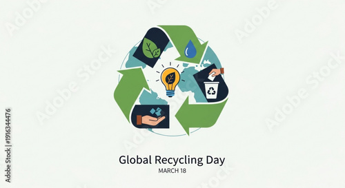 Global recycling day illustration with recycling symbol and eco friendly icons on white background