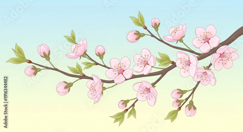 Pink cherry blossoms on a blooming tree branch with green leaves against a gradient blue and yellow background