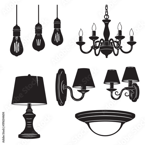 Lighting fixtures vector icon collection. Includes lamp, chandelier, sconce, pendant light, and ceiling light. Created in solid style with black and white palette