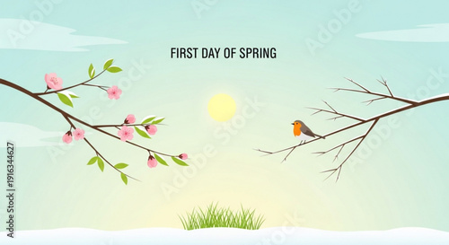 Vibrant spring scene with blooming flowers bird on branch and sunny sky symbolizing renewal and new beginnings