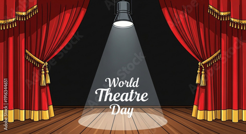 Theatre stage with red curtains and spotlight on world theatre day wooden floor gold accents black background