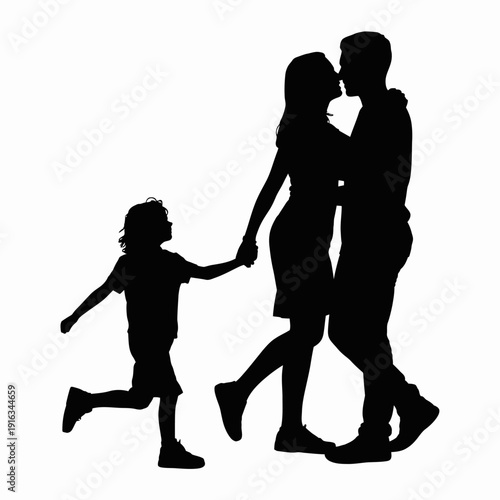 A happy family of three walking together in love and harmony