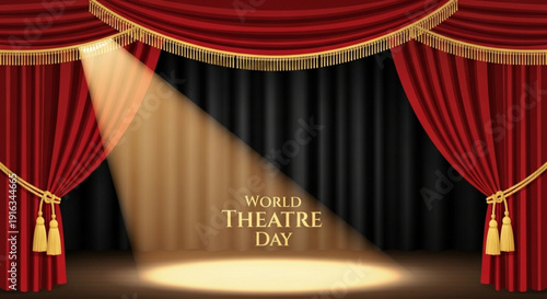 Theatre stage with red curtains and spotlight on world theatre day