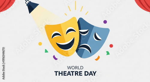 Theatre masks for world theatre day comedy and tragedy faces with spotlight colorful confetti on white background with red curtains