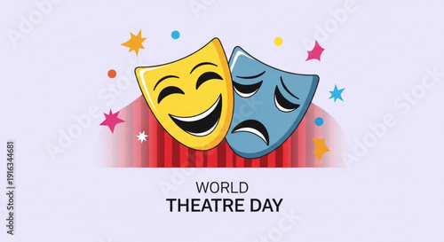 Theatre masks for world theatre day comedy and tragedy faces with colorful stars on light background