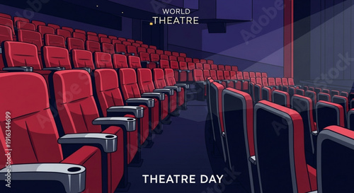 Empty movie theater with red seats on world theatre day cinematic interior with rows of seats