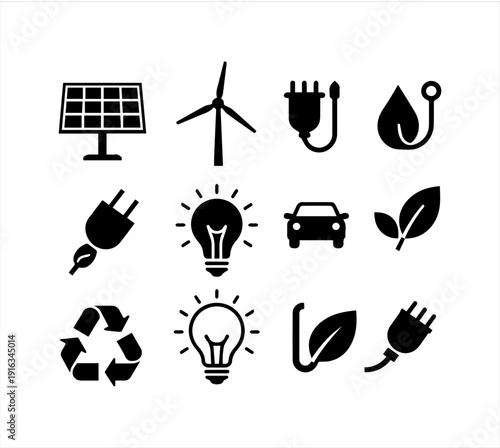 Modern vector icon sets featuring green energy, healthcare technology, cyber security, and futuristic science symbols