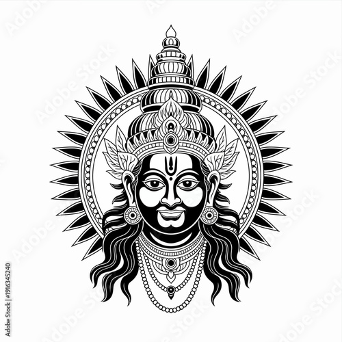 A stunning black and white illustration of a Hindu deity with intricate details