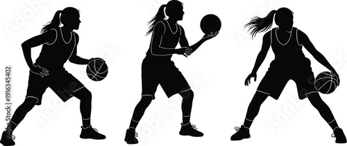 Female basketball player silhouettes dribbling and holding ball isolated on white background sport action vector illustration set