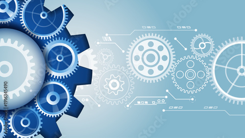 Modern engineering background with blue gears and digital circuit lines, representing automation, mechanical systems, industrial technology, innovation, and connected production processes.