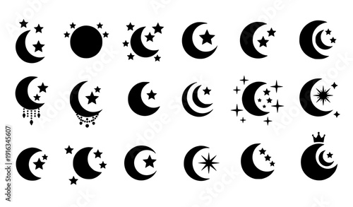 Moon with stars vector icon set night sky symbols