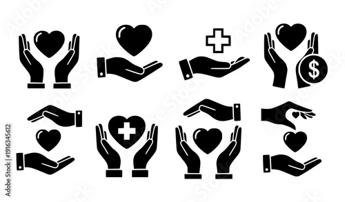 Heart in hands vector icon set charity care symbols