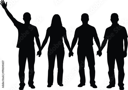 Group of people holding hands silhouette isolated on white background unity teamwork friendship community concept black vector illustration design