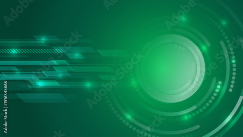 Futuristic green technology background with glowing circular interface, abstract lines and digital motion effects, symbolizing innovation, data processing and modern high-tech systems.