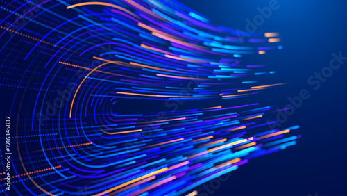 Abstract Digital Data Flow Vector Background. Big Data Technology Lines. 5G Wireless Fast Data Transmission. High Speed of Fiber Optics Light Trails. Information Flow in Virtual Reality Cyberspace.