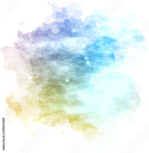 Hand drawn abstract watercolor background with blue sky clouds and orange sun splashes on vintage paper texture painting