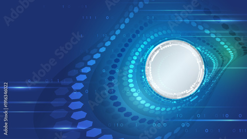 Futuristic blue technology background with a glowing circular interface, hexagonal patterns, and binary code, symbolizing digital networks, data flow, innovation, and high-tech communication.