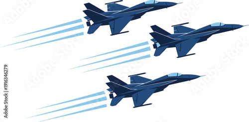 Fighter jet formation, military aircraft, aviation technology, high speed flight, contrails vector, combat jet illustration, airshow performance, defense aviation graphic