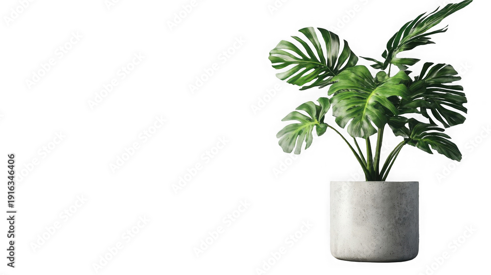Obraz premium Healthy vibrant green monstera deliciosa houseplant showcased in a modern rough white concrete cylinder pot on transparent background