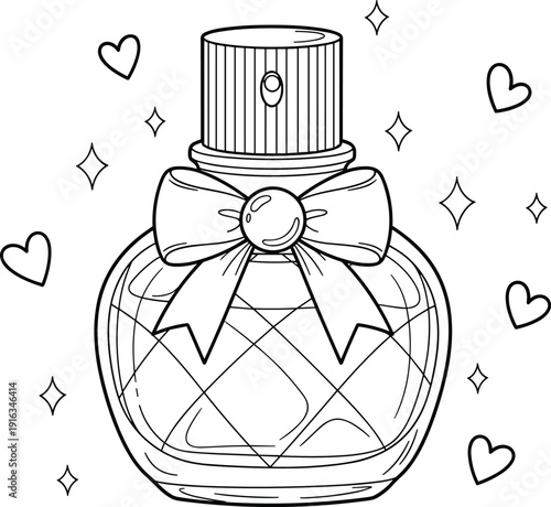 "Elegant perfume bottle with decorative bow, crisscross surface pattern, hearts and sparkles, romantic cosmetic illustration symbolizing beauty, fashion, fragrance, and personal care design"